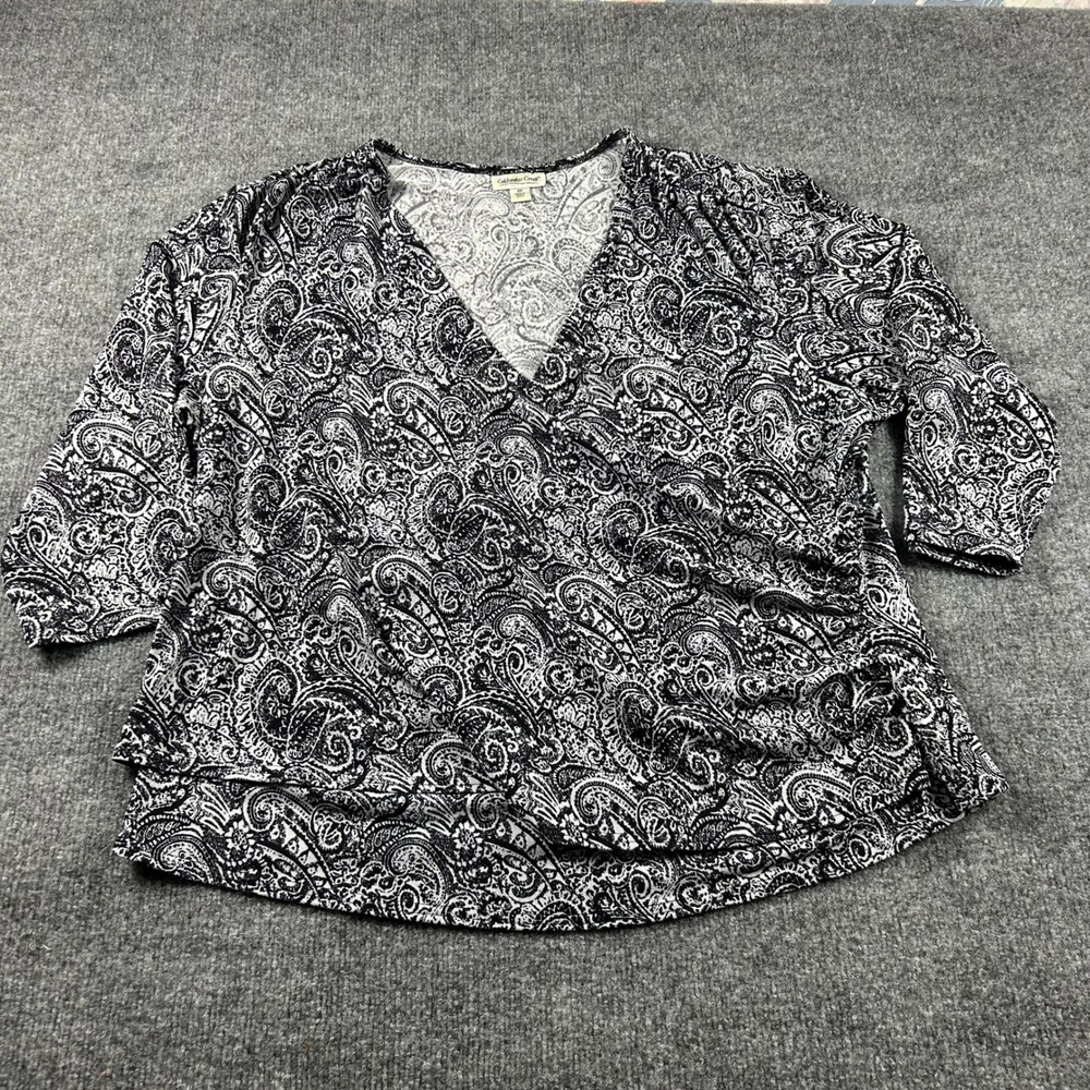Coldwater Creek Womens 2X Paisley Faux Wrap V-Neck 3/4 Sleeve Top Black‎ White